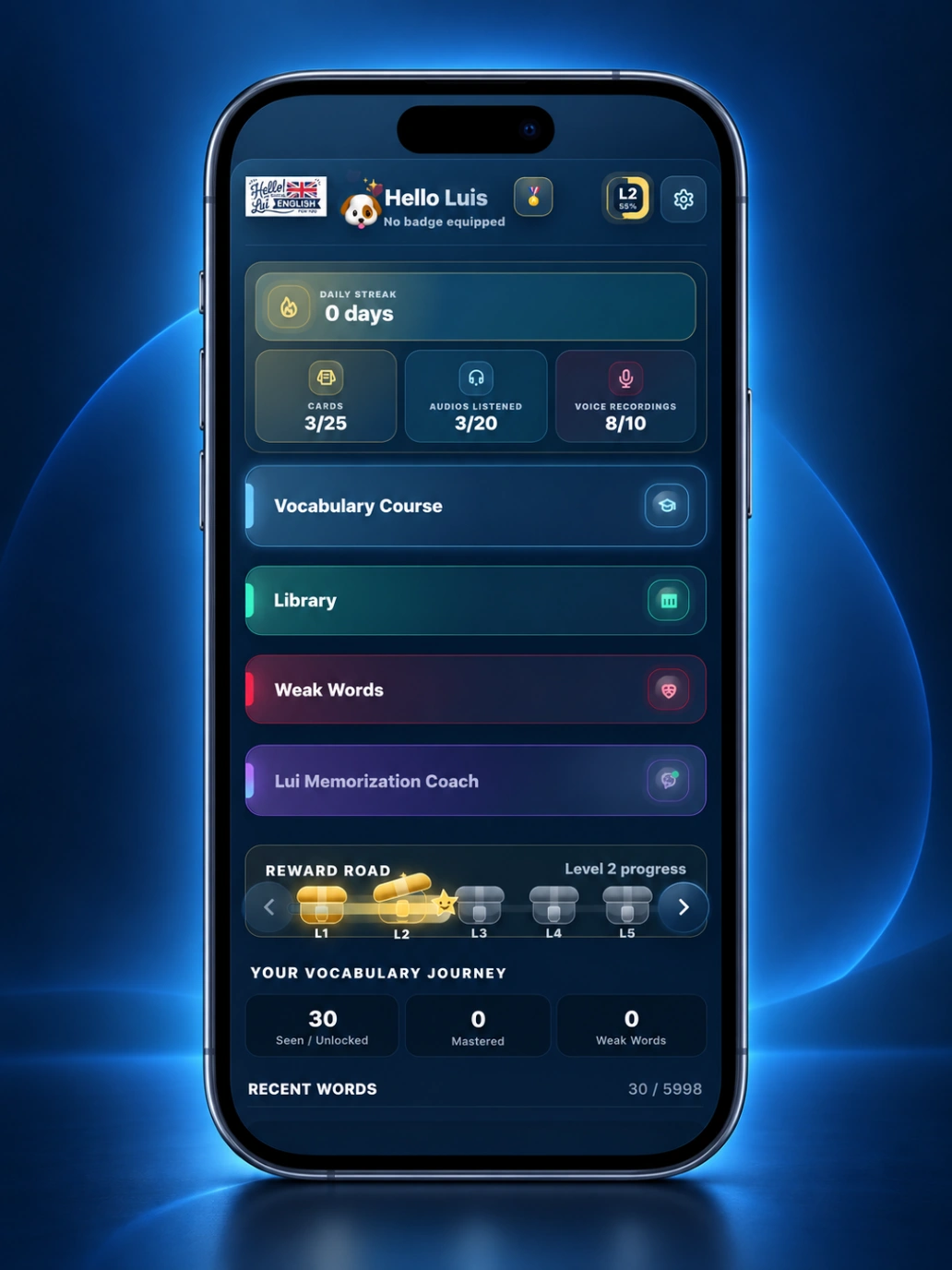 LEFYU English learning dashboard displayed on a mobile phone