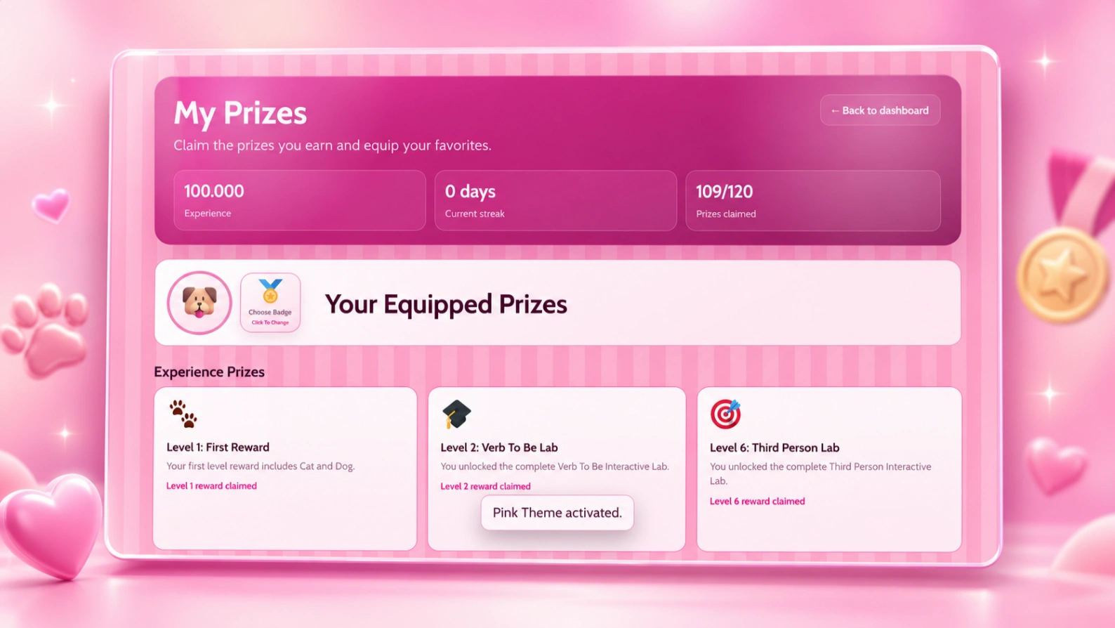 LEFYU English learning prizes page with a customizable pink theme and unlocked rewards