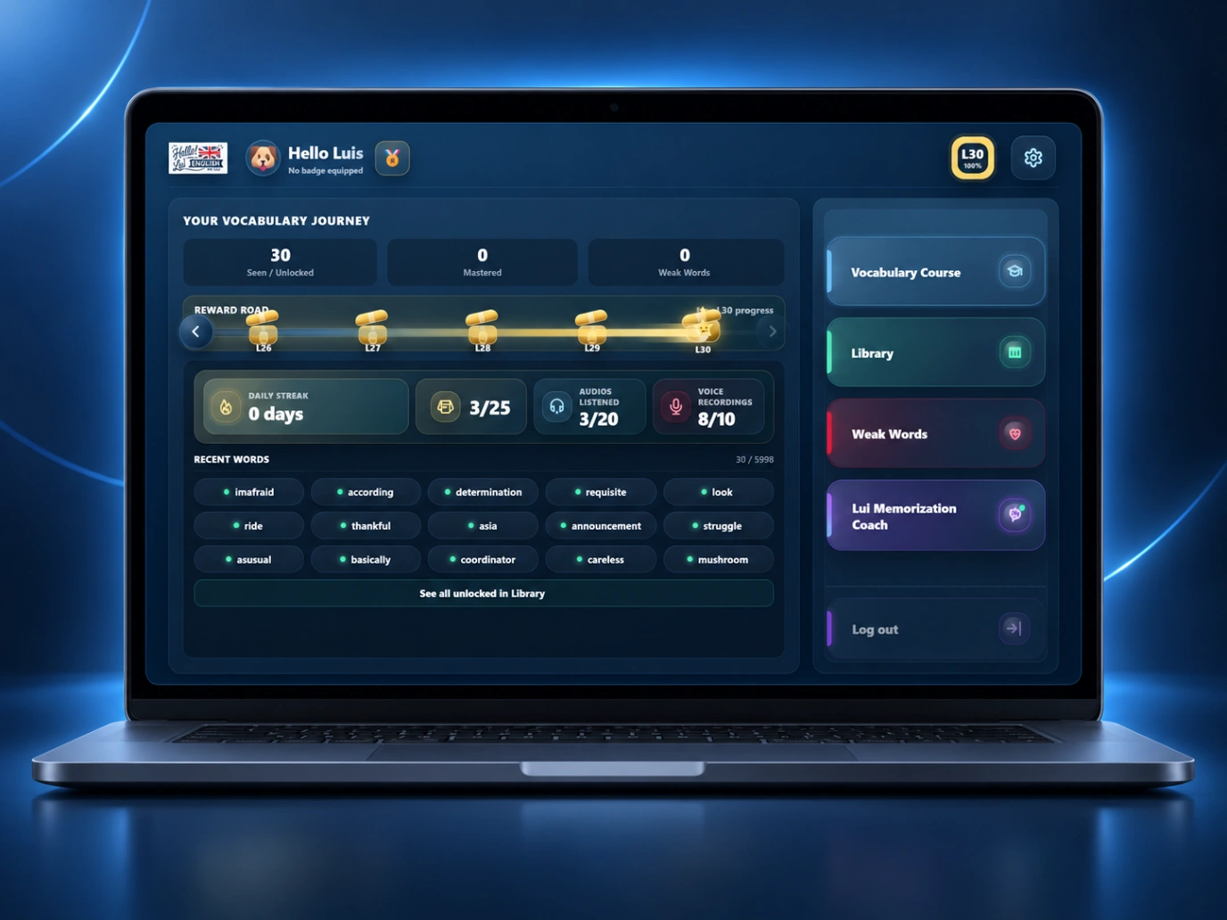 LEFYU English learning dashboard displayed on a laptop